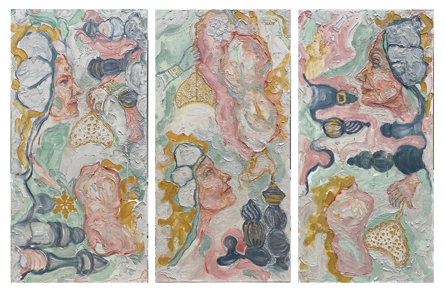 Dance Me To The End Of Love (Panels I-III), 2021, Oil Mica and Wax on Canvas, 3x6'